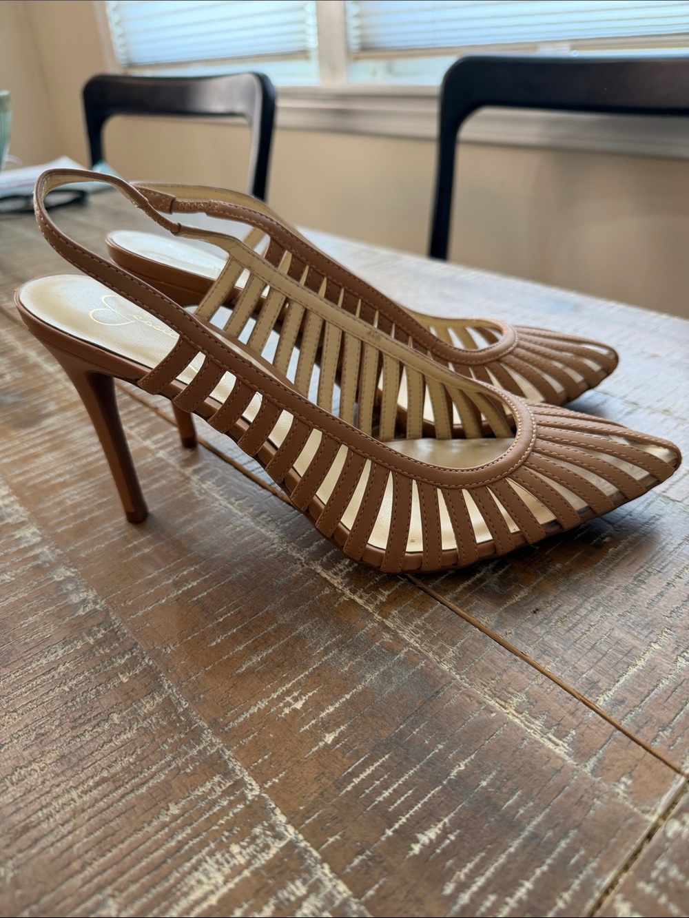Jessica Simpson Tan Strappy Pointed-Toe Slingback Heels